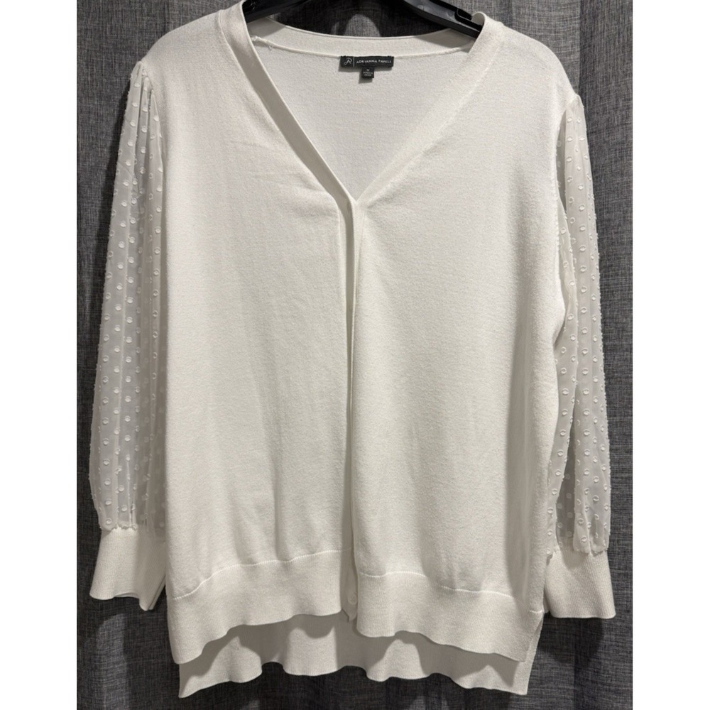 Adrianna Papell White Sweater Cardigan Sz Medium Buttons Polkadot Sheer Sleeves